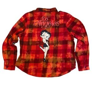 Betty Boop Los Angeles Plaid Button Down Flannel Bleach Tie Dyed Shirt Small NWT